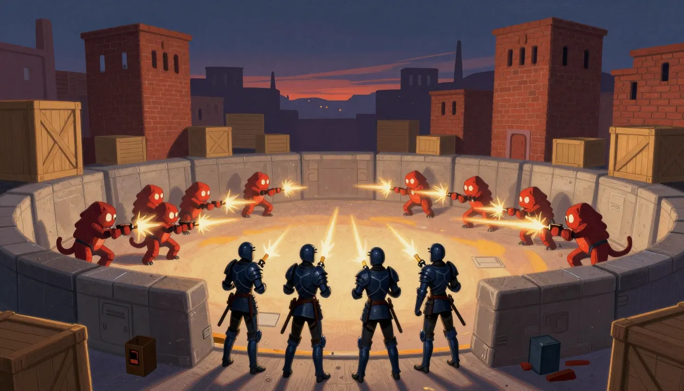 Four armoured soldiers stand back to back in a walled arena at dusk, firing at red creatures that rush in from the edges between wooden crates.