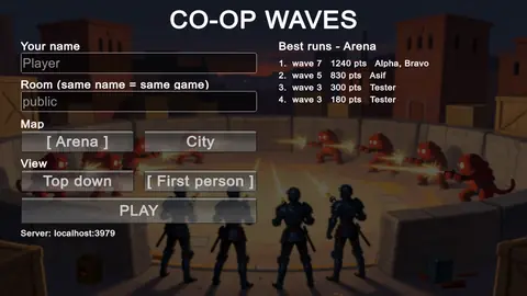 The lobby: name, room, map and view choices over the key art, with the best runs listed on the right.
